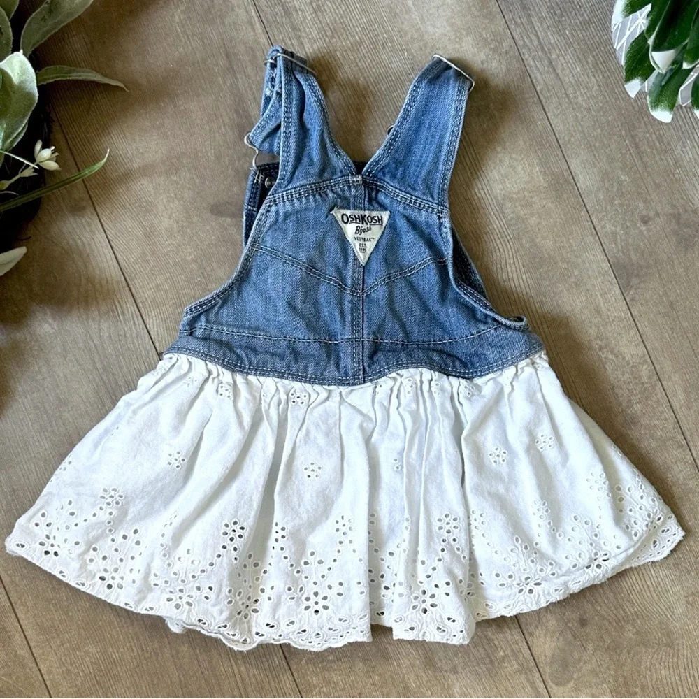 OshKosh B'gosh Blue and White Denim Eyelet Overalls Jumper Dress 18m Girl